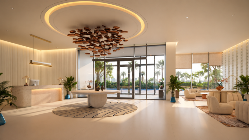 Two-bedroom apartment interior with panoramic Arabian Gulf views