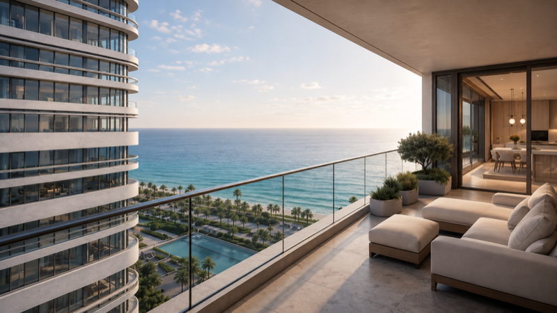 Linar Sharjah resort pool deck on level 6 with cabanas and sea views